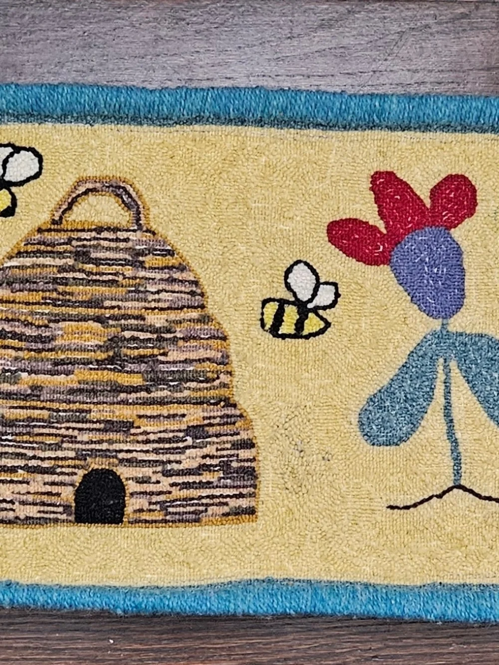 Yellow Beehive Hooked Door Mat Or Table Runner with Floral & Bee Motif